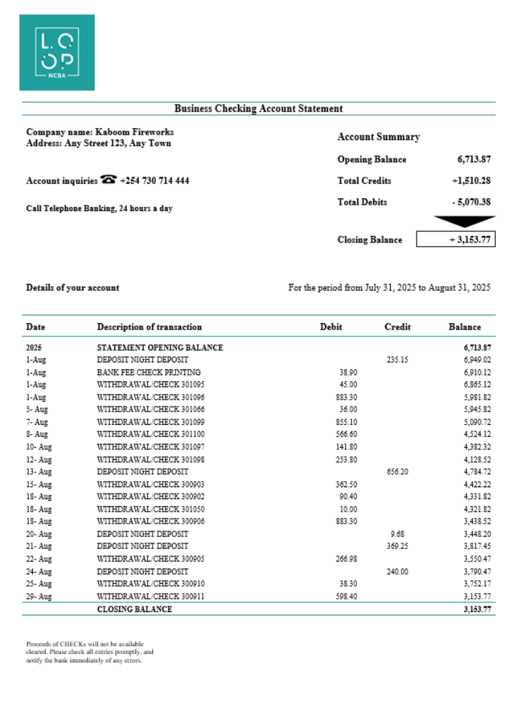 Download Kenyan CBA Loop business organization checking  statement Word and PDF format Photoshop template